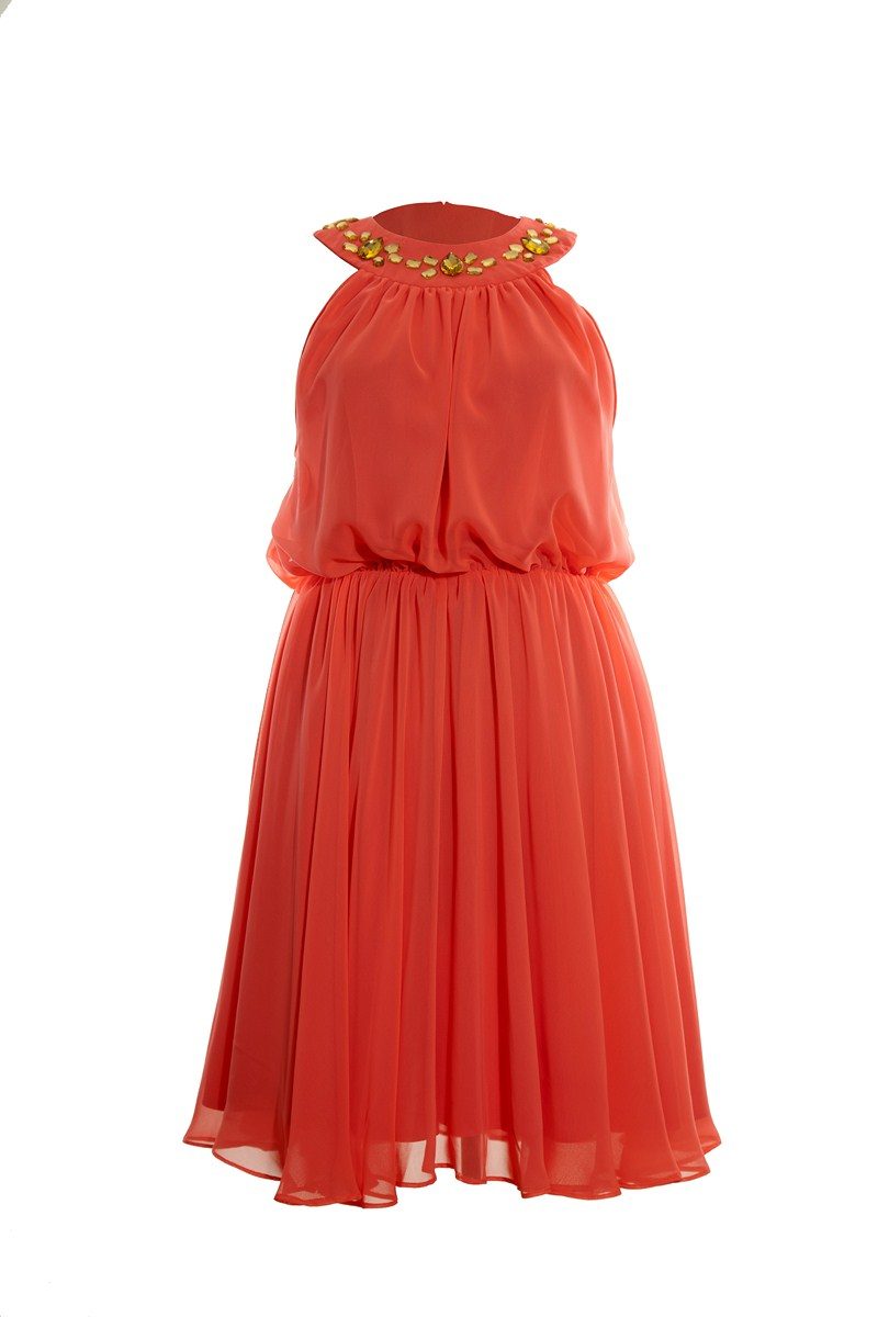 Orange Chiffon Dress with Stones - PLUSH