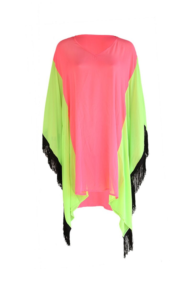 Colour Block Cover-up with Black Fringes